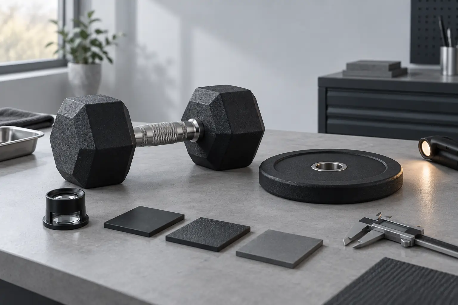Merkloze gecoate dumbbells en schijven met monsterkaarten en beschermende tussenlagen