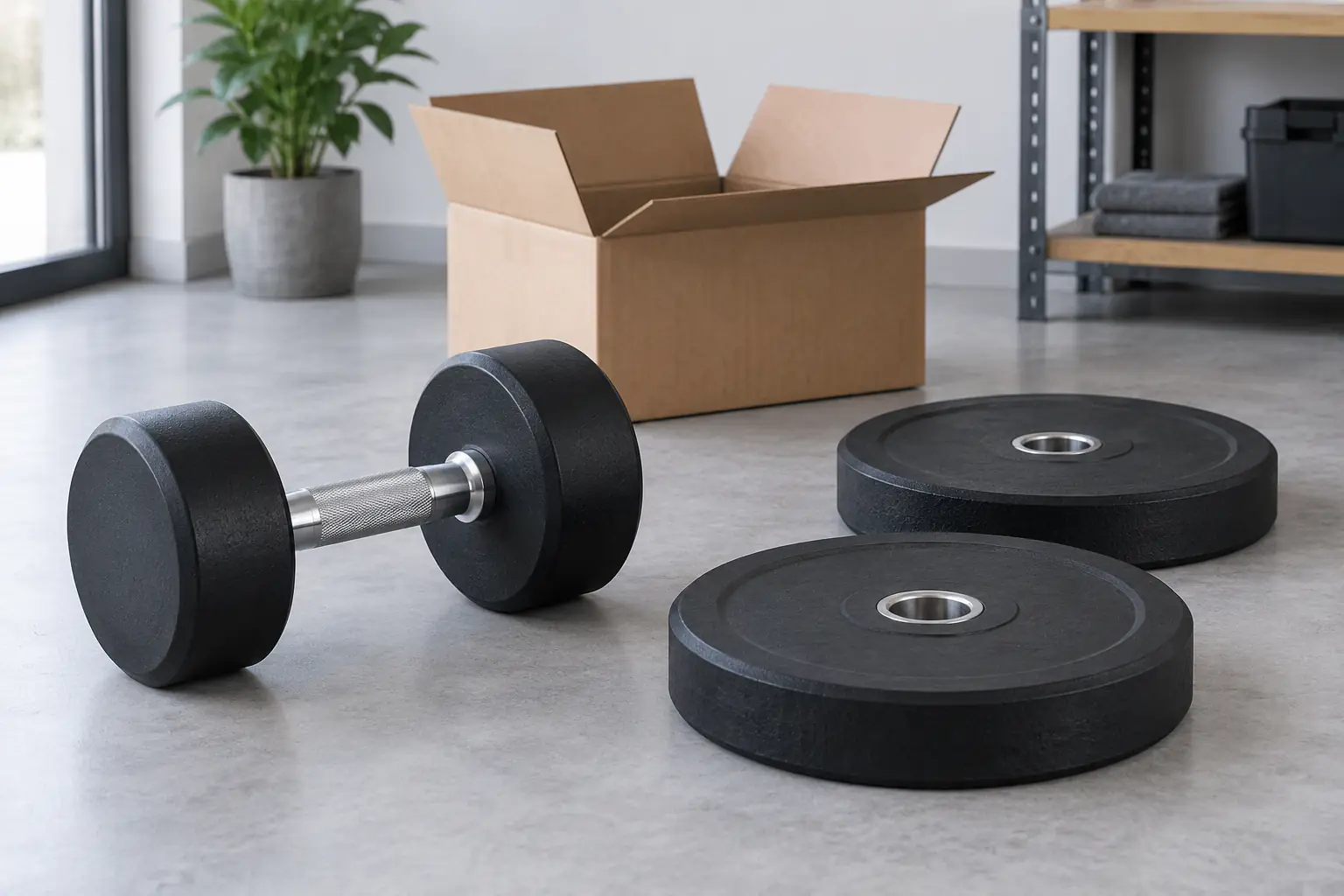 Unbranded rubber free weights arranged in a ventilated sample-review space