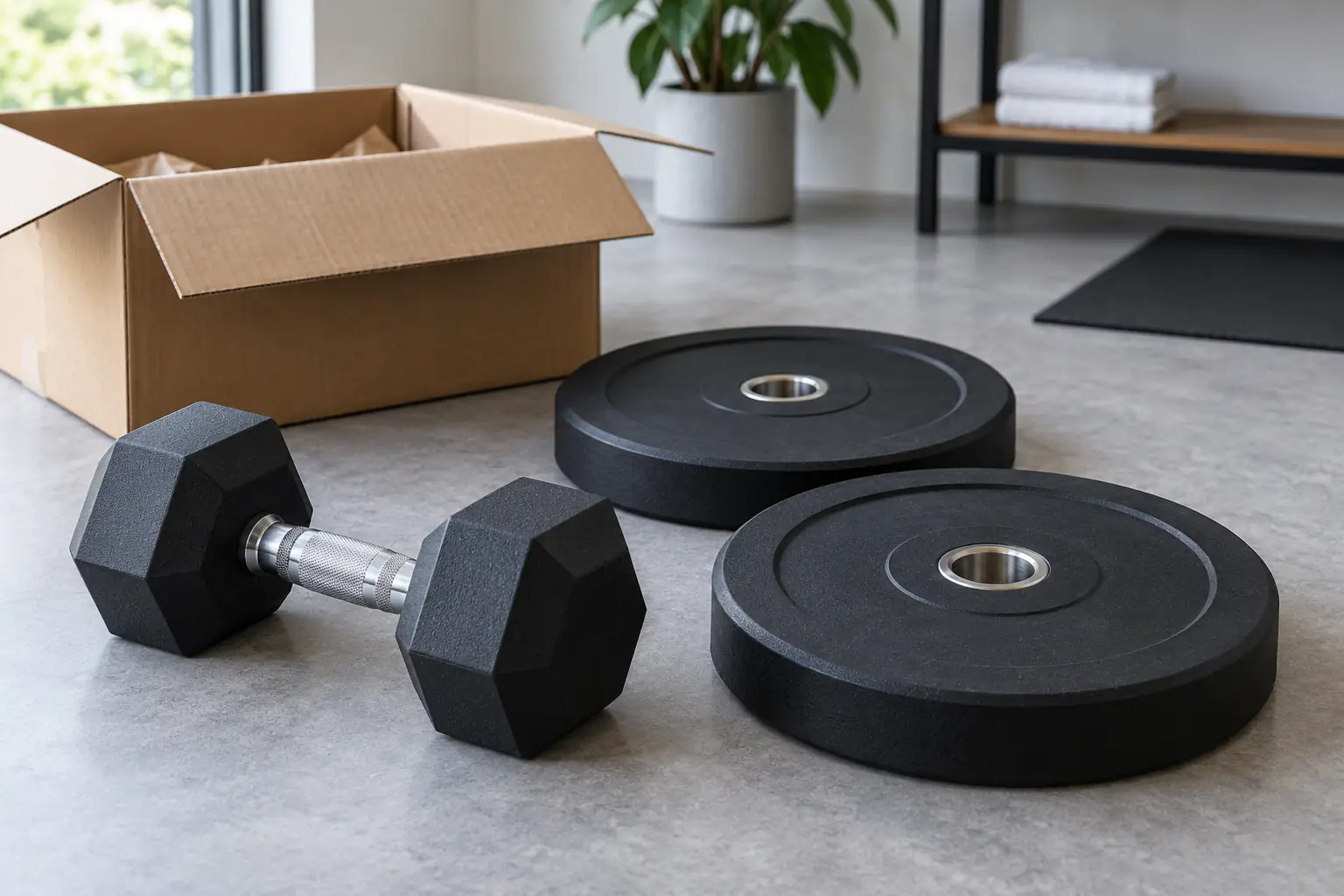 Unbranded rubber dumbbell and bumper plates spaced beside an open plain carton in a bright review room