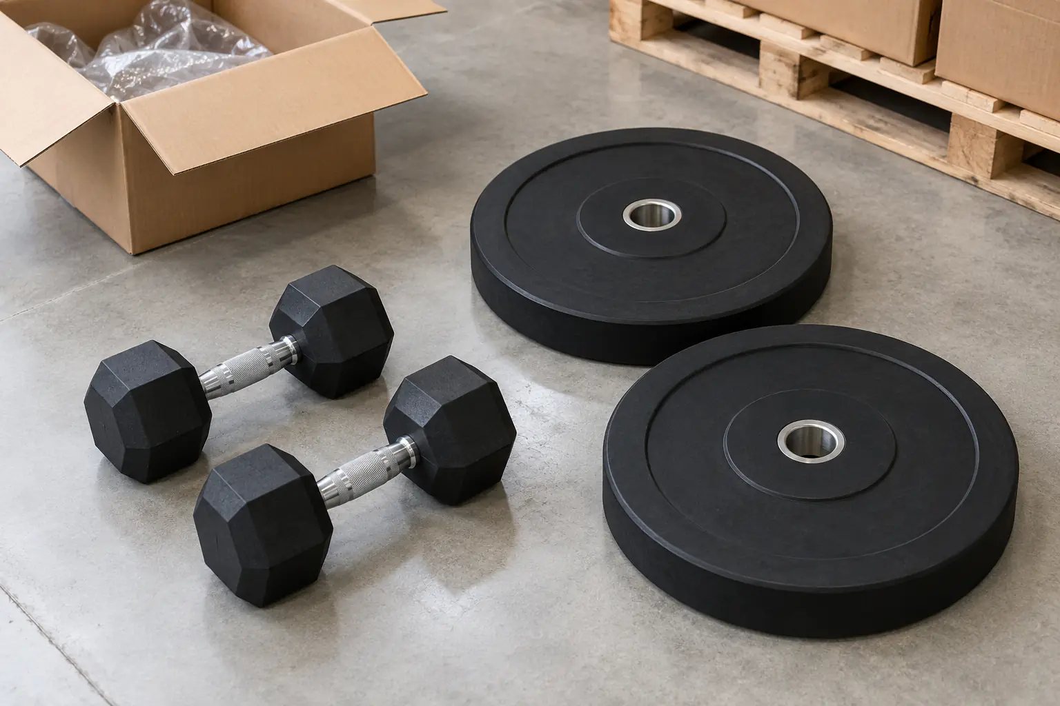 Unbranded dumbbells and plates prepared for receiving review without visible readings