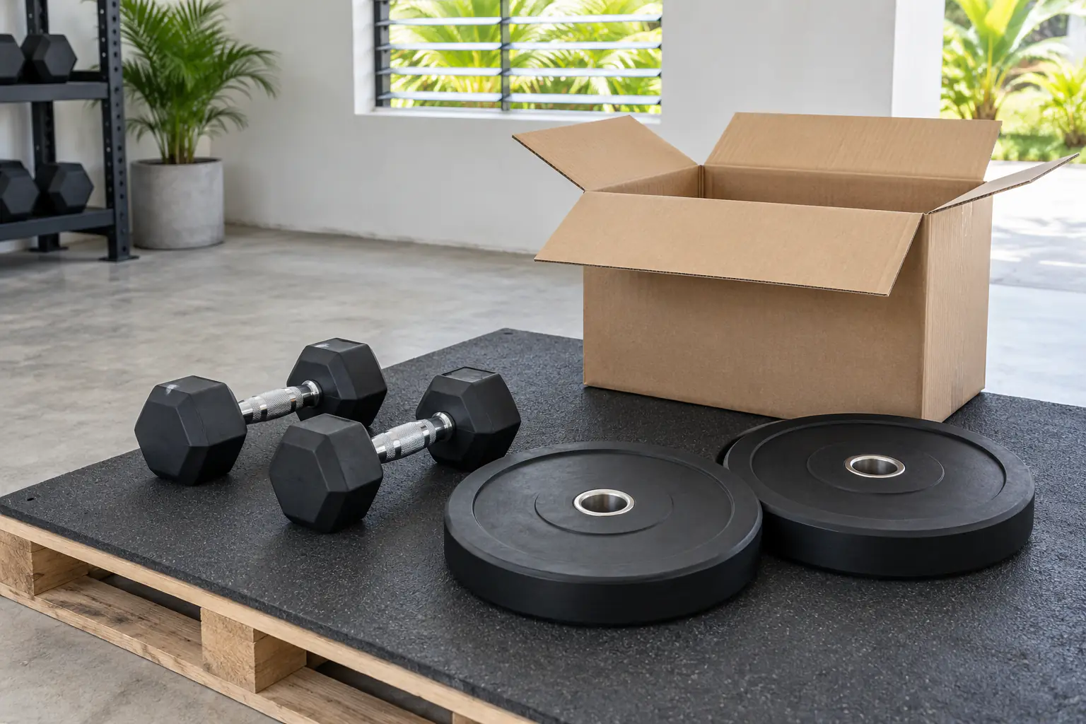 Dumbbell dan plate karet tanpa merek di dekat karton terbuka