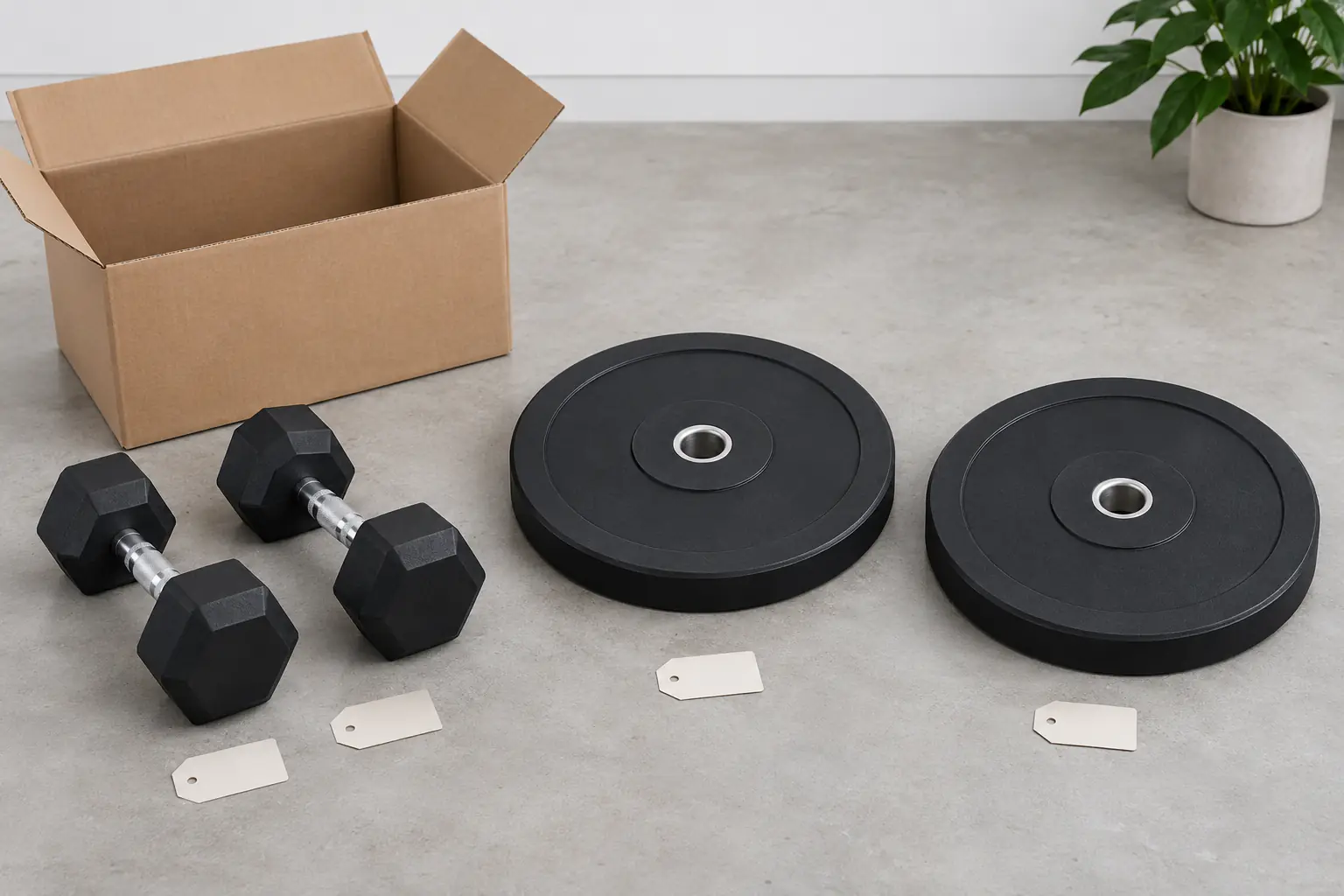 Dumbbell dan plate tanpa merek untuk pemeriksaan penerimaan