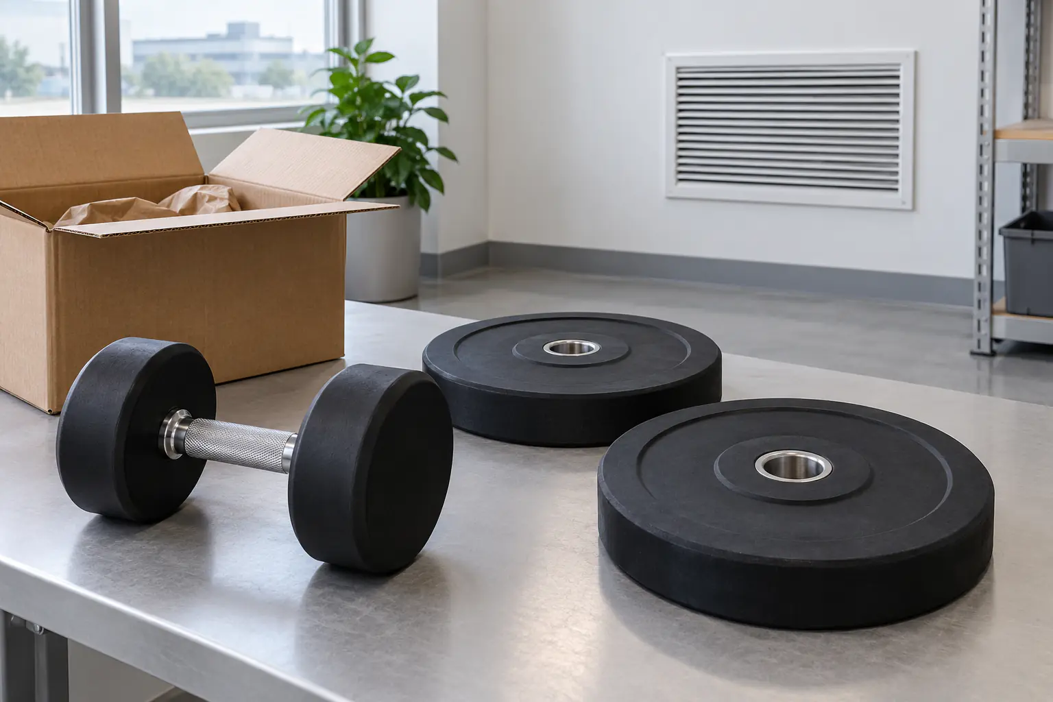 Ongemerkte rubberen dumbbell en schijven naast een open doos