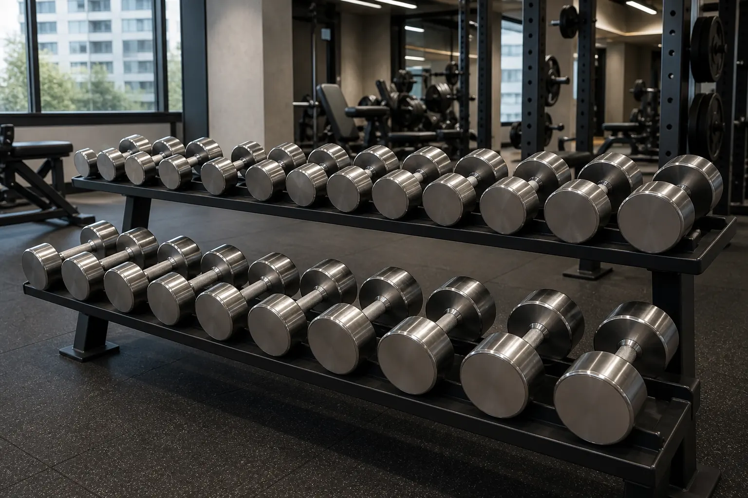Série d'haltères en acier massif dans une salle premium