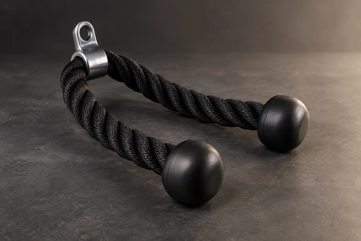 Unbranded black braided triceps rope with center steel eye and two rubber end stops