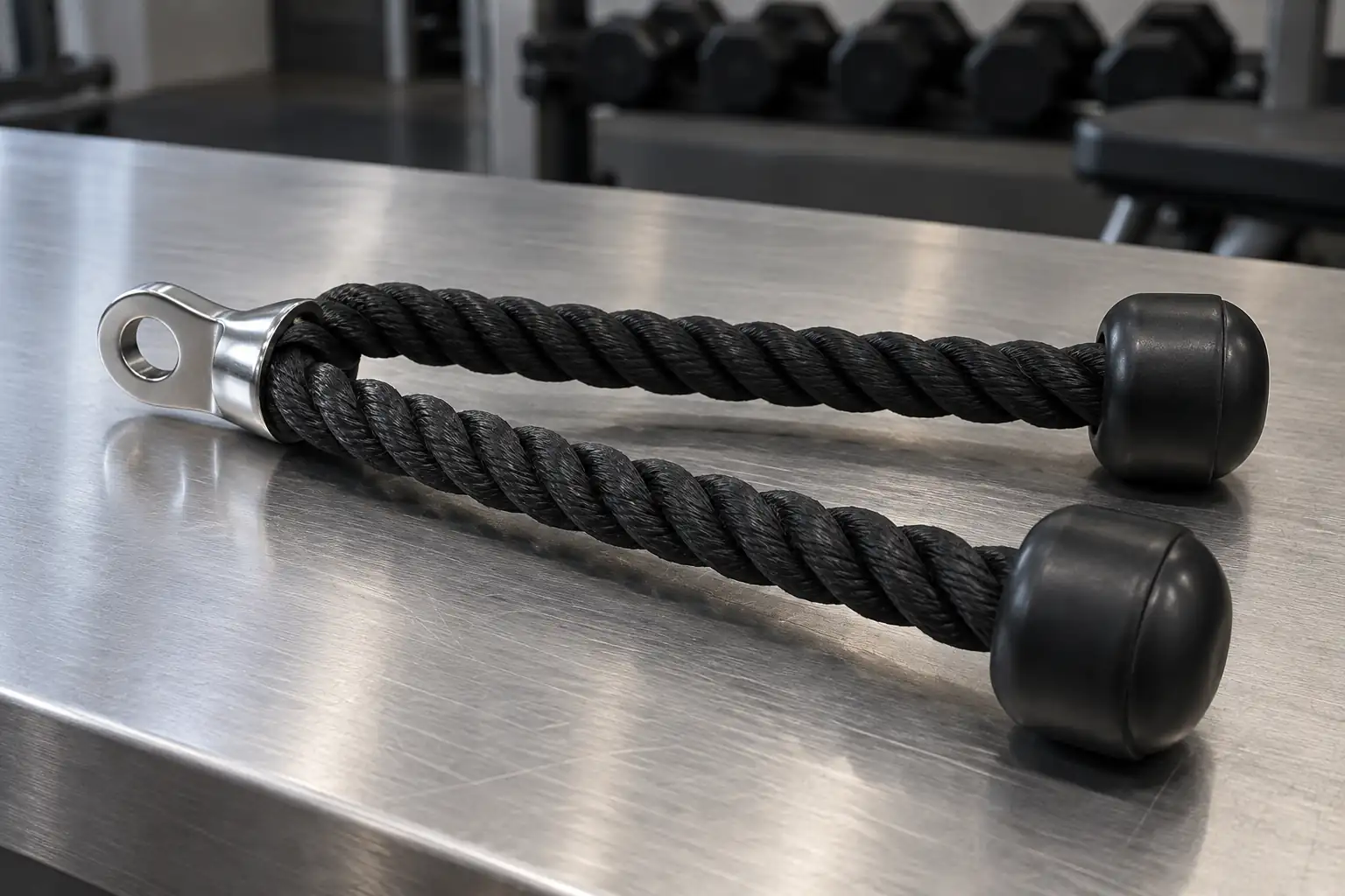 Unbranded triceps rope on an inspection surface with two matched rope legs