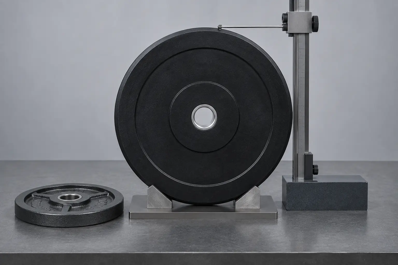 Weight plate outside diameter checked against a vertical gauge on a flat surface