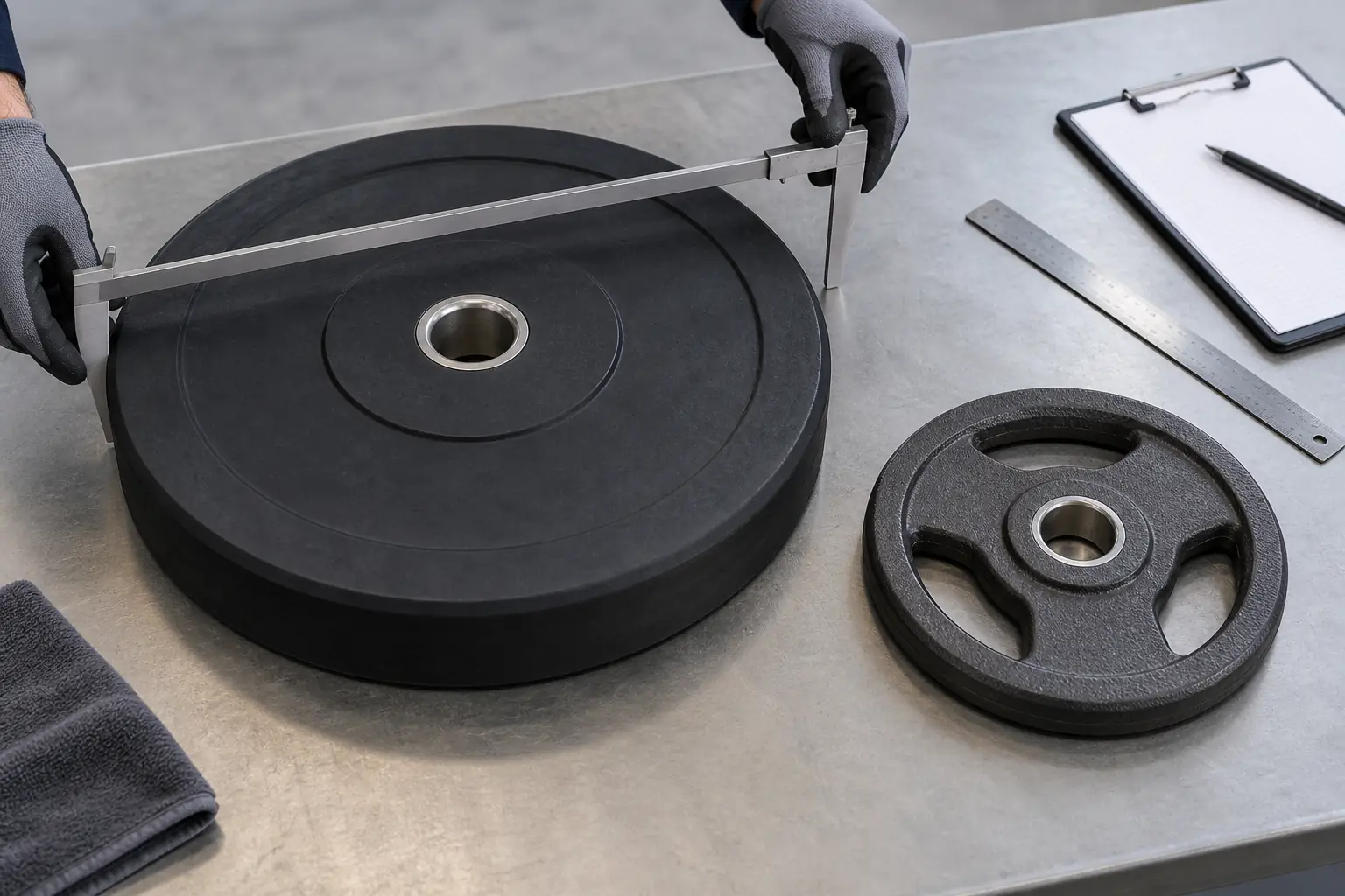 Outside caliper checking the diameter of an unbranded bumper plate beside a smaller iron plate