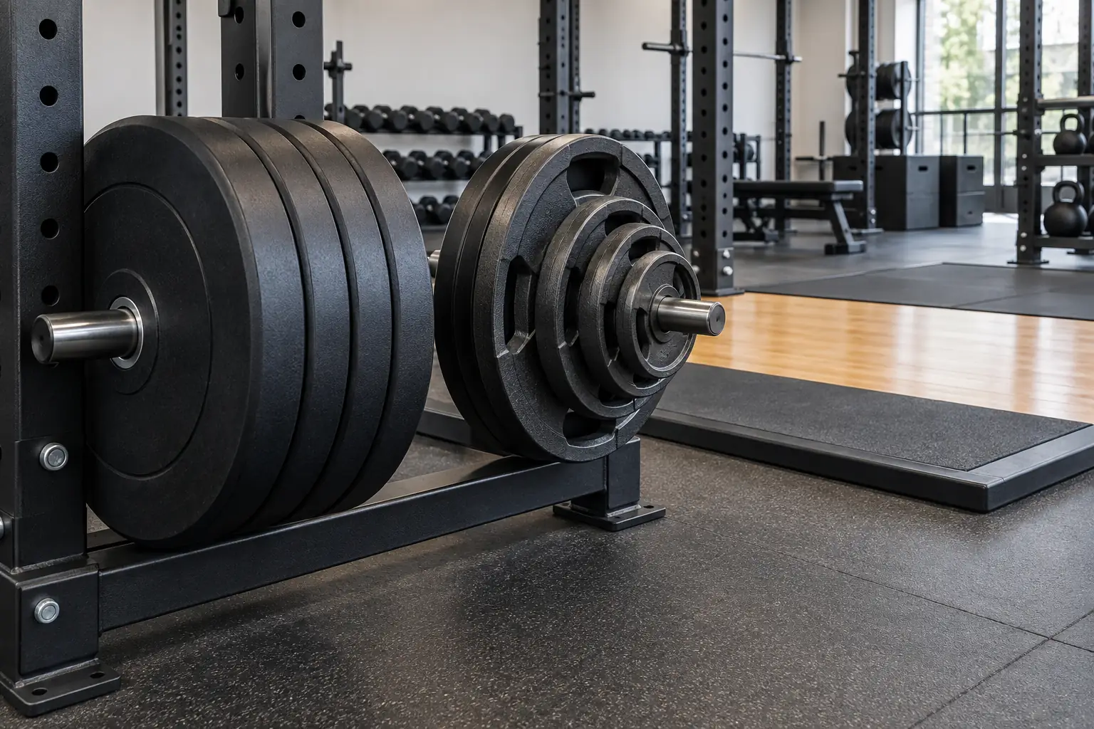 Graduated iron plates compared with full-size bumper plates in a commercial gym