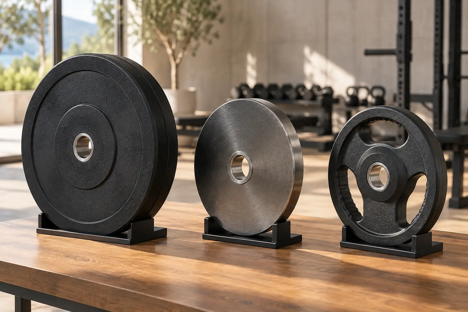 Bumper full-size, disco in acciaio e disco con prese senza marchi su supporti sicuri