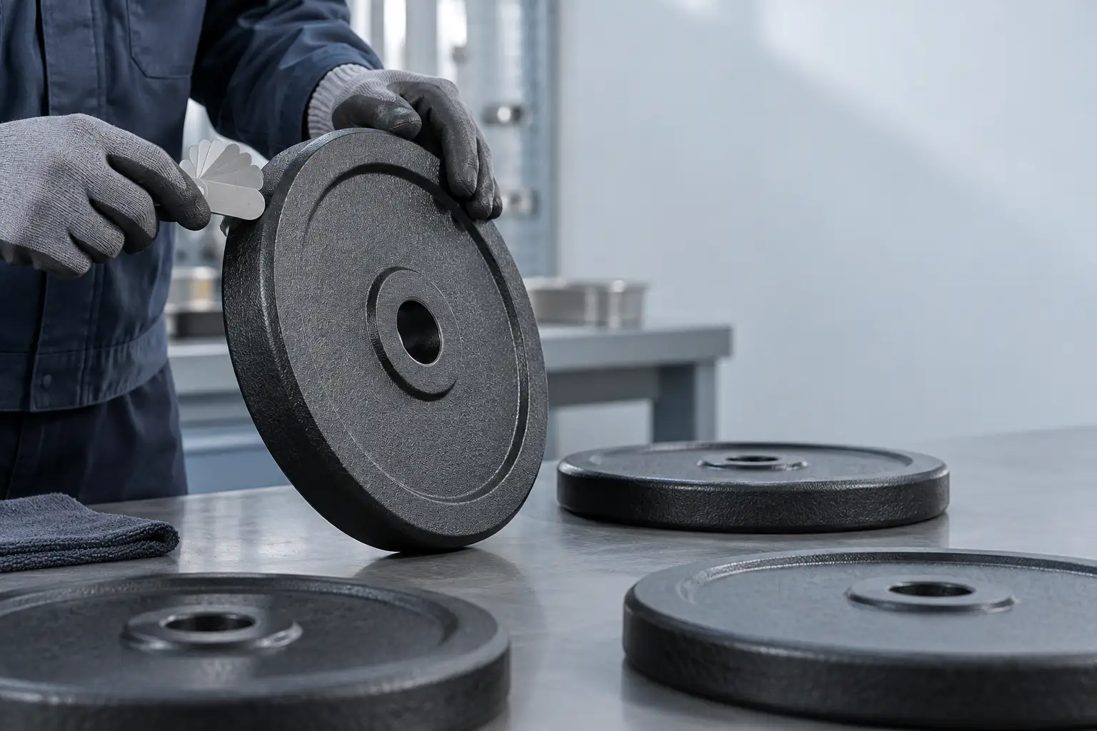 Unbranded black weight plates on an inspection bench showing a rounded outer rim, accessible grip lip and clean centre-hole entrance