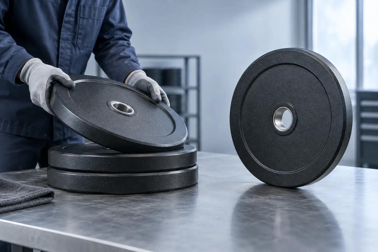 Disques noirs sans marque sur une table neutre montrant couronne adoucie, rebord accessible et entrée d’alésage propre