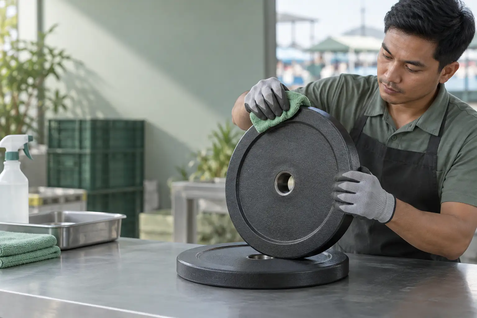 Plate beban hitam tanpa merek pada meja inspeksi netral dengan tepi halus, bibir mudah dijangkau, dan mulut lubang bersih