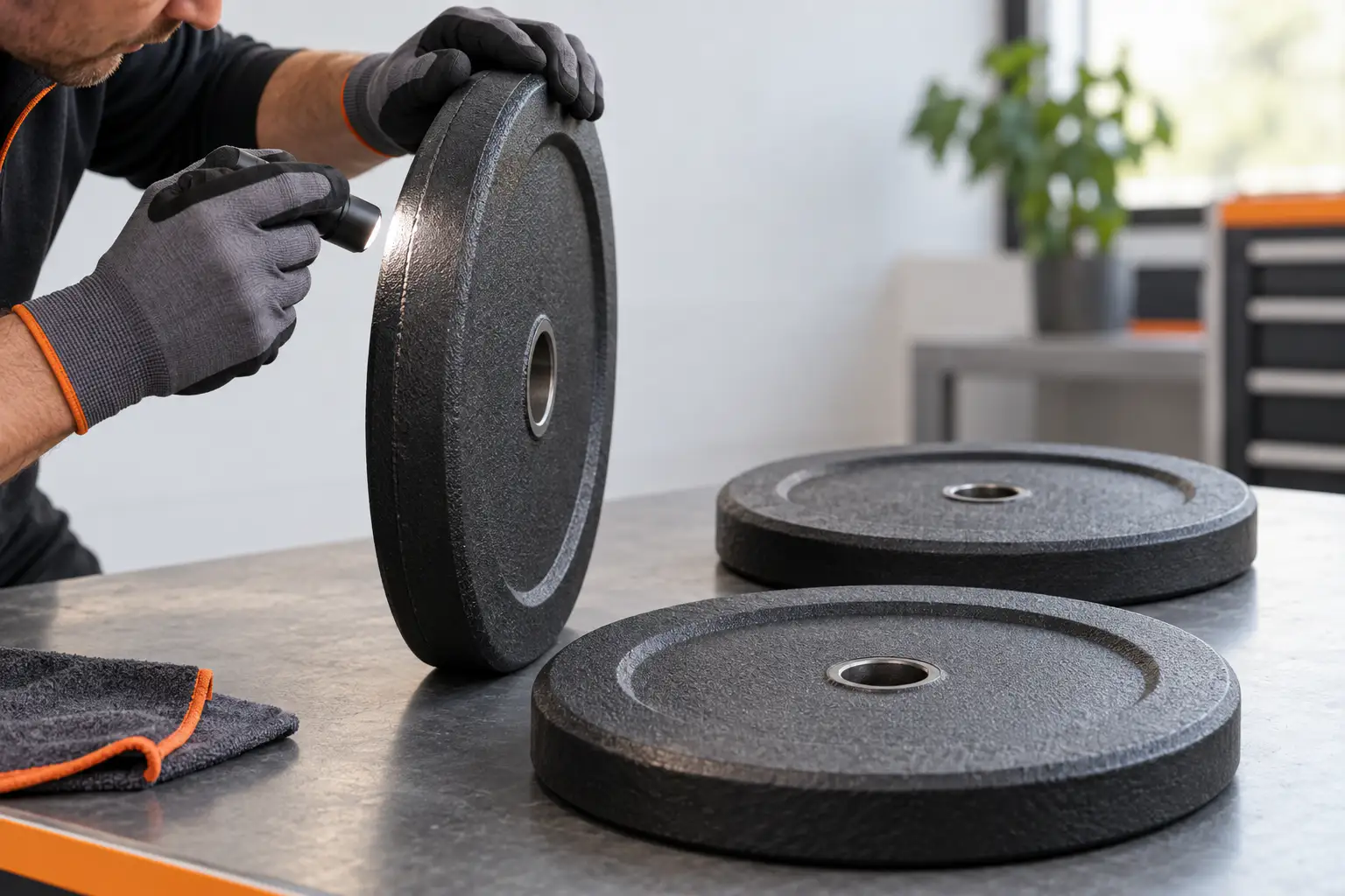 Zwarte merkloze halterschijven op een neutrale inspectietafel met afgeronde rand, bereikbare grijplip en schone gatinloop