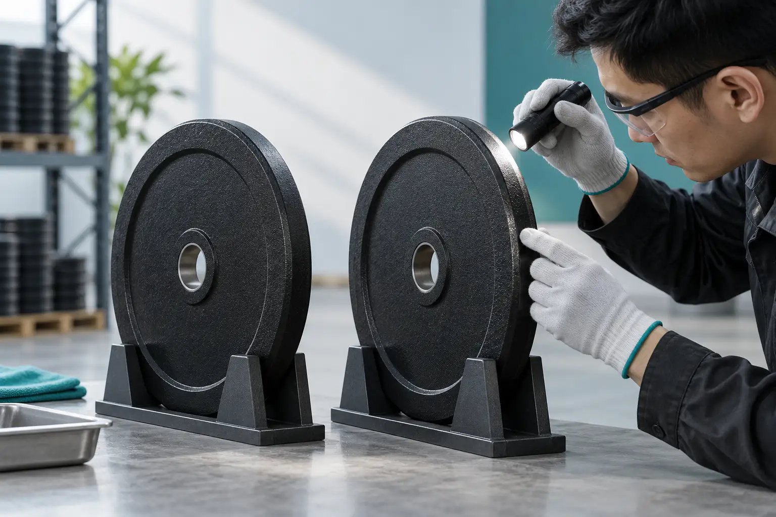 Đĩa tạ đen không thương hiệu trên bàn kiểm tra trung tính với cạnh bo, gờ cầm dễ tiếp cận và miệng lỗ tâm sạch