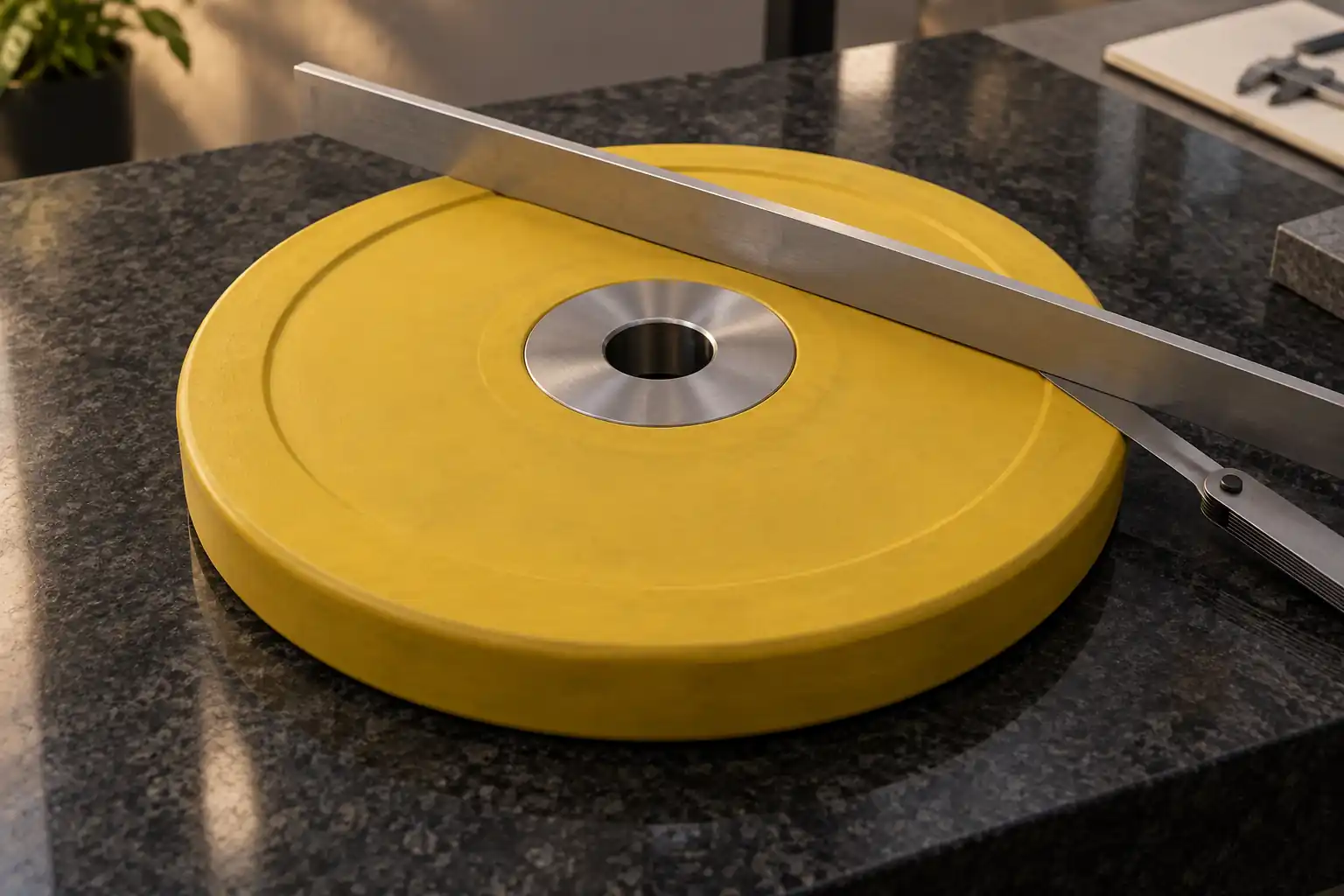 Disco olímpico apoyado para una inspección repetible