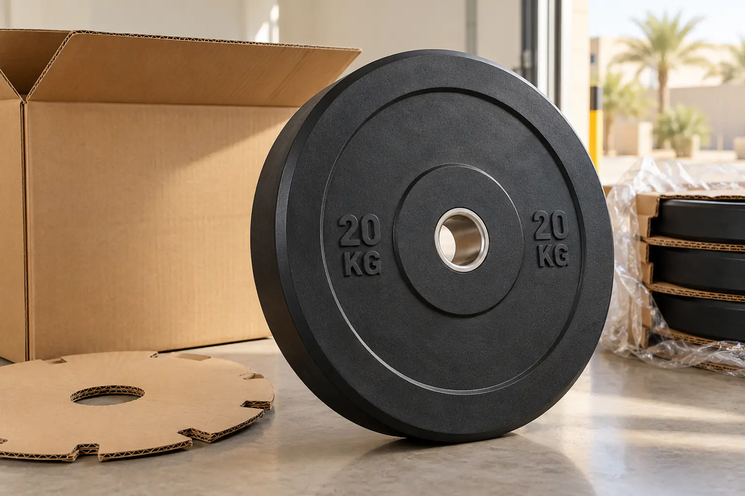 قرص أثقال مطاطي أسود بلا علامة تجارية يحمل 20 KG بجانب كرتون مفتوح