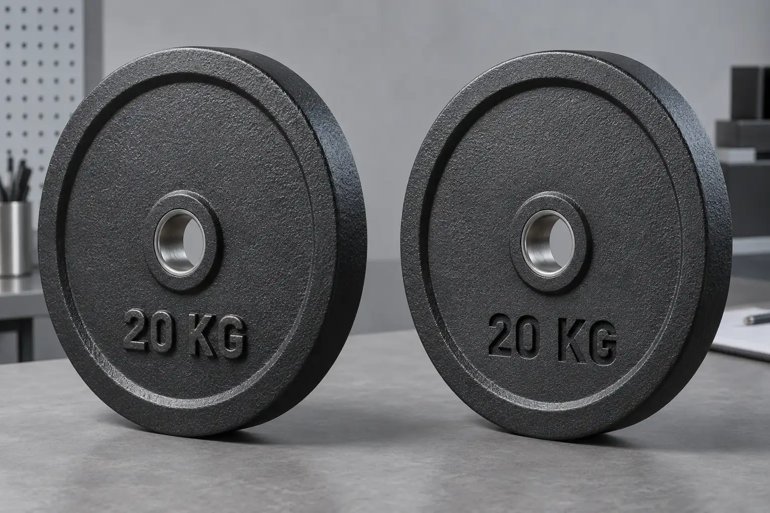 Unbranded weight plates comparing high-contrast and molded 20 KG markings