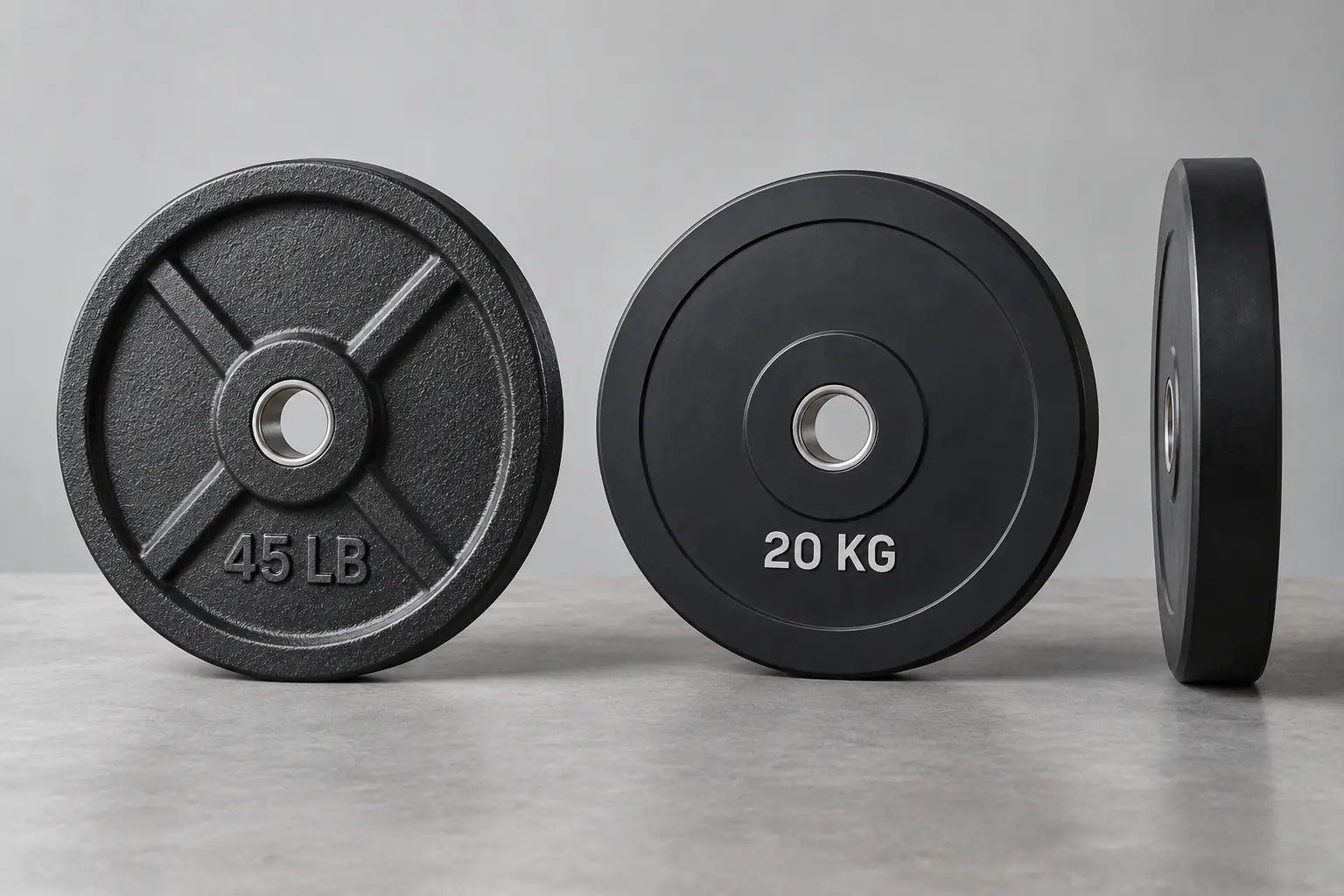Unbranded iron and rubber Olympic plates with clear 45 LB and 20 KG denomination marks
