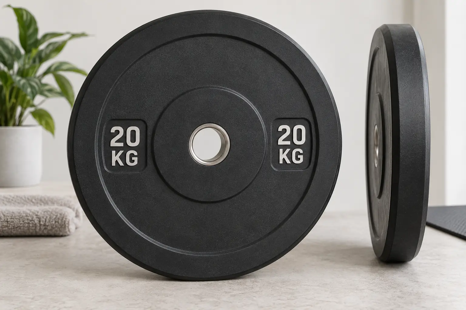 Disque olympique noir sans marque avec deux zones 20 KG remplies en blanc