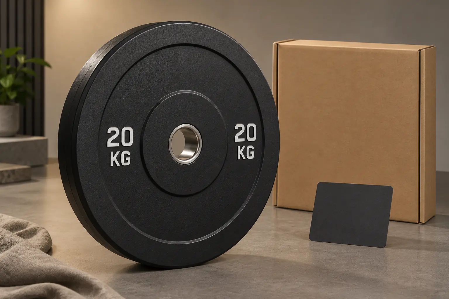 Disques sans marque avec 20 KG visibles dans une zone de réception
