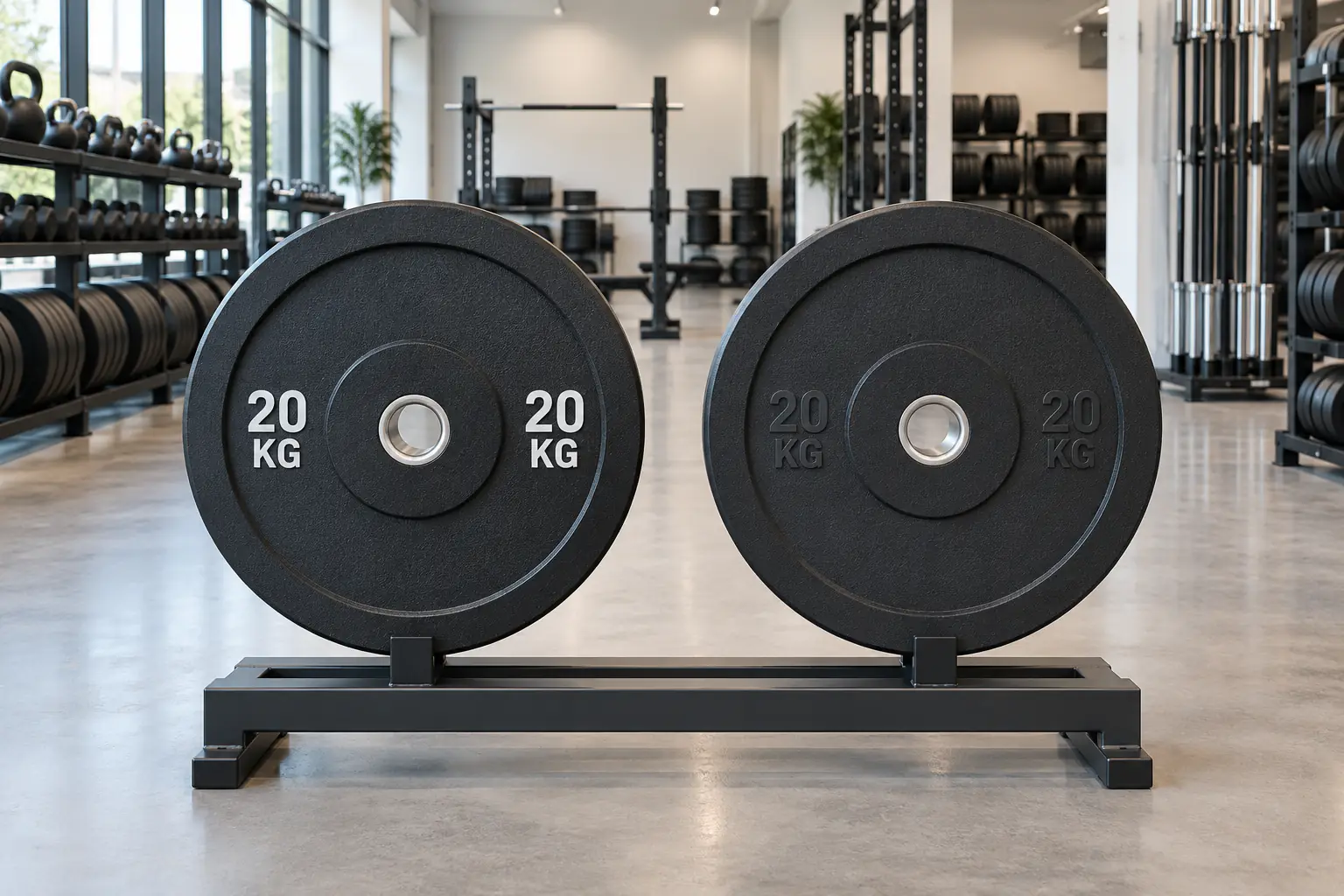 Twee merkloze 20 KG-halterschijven met hoog en laag contrast op een monsterstandaard