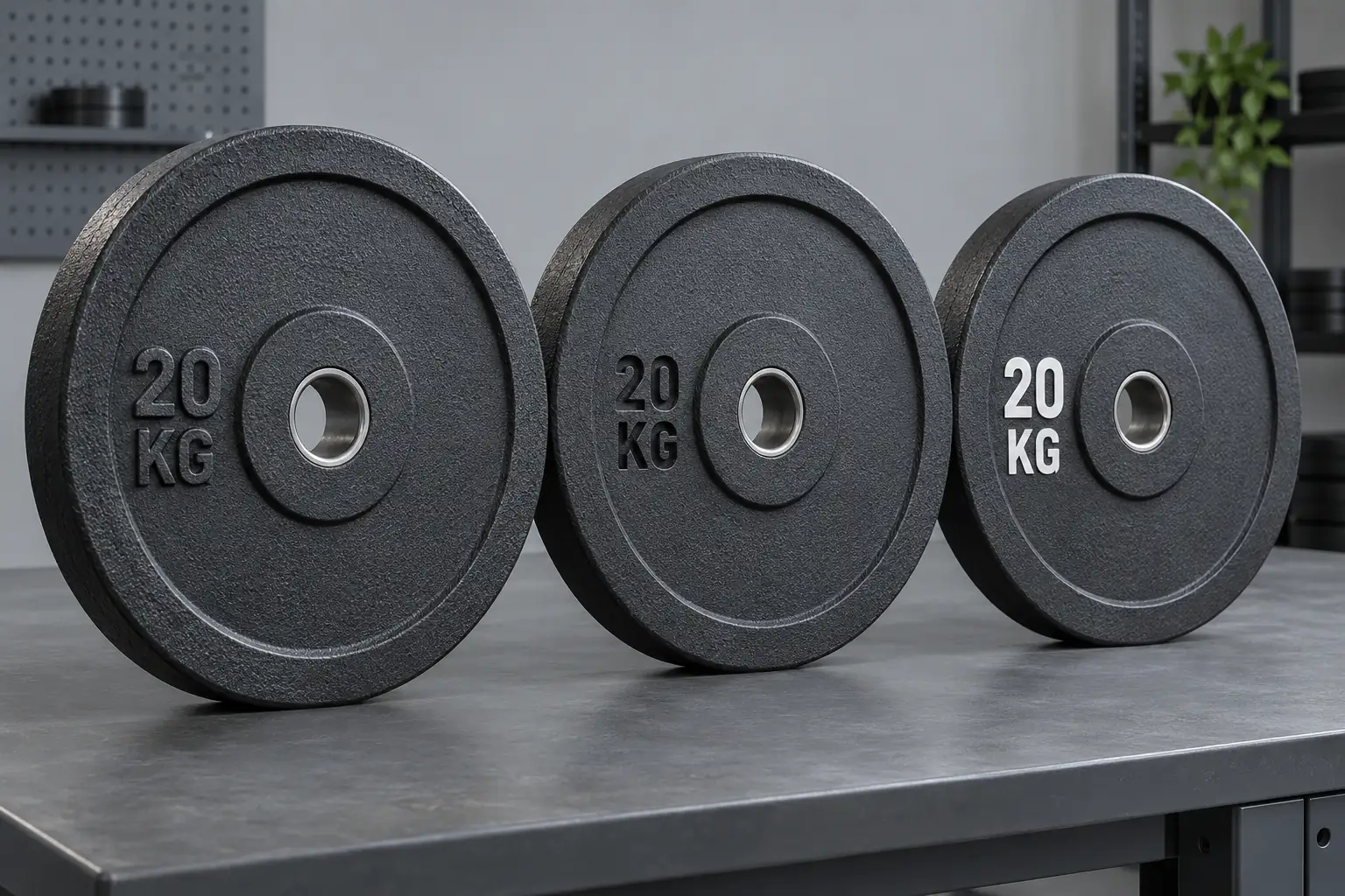 Trzy niebrandowane talerze żeliwne z wypukłym, wgłębionym i wypełnionym oznaczeniem 20 KG