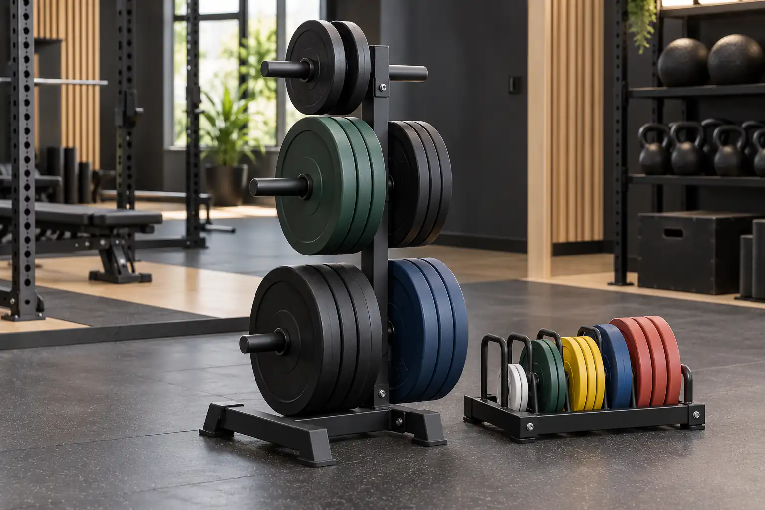 Arbre de rangement sans marque et bac séparé pour disques olympiques et petites charges