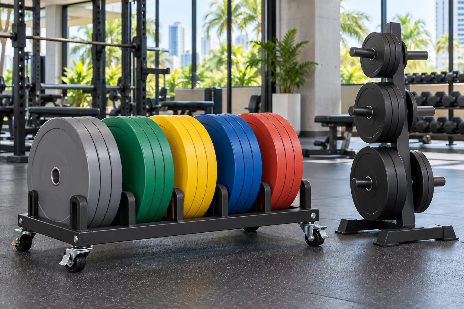 Rak slot bumper dan plate tree kecil tanpa merek di gym komersial tropis