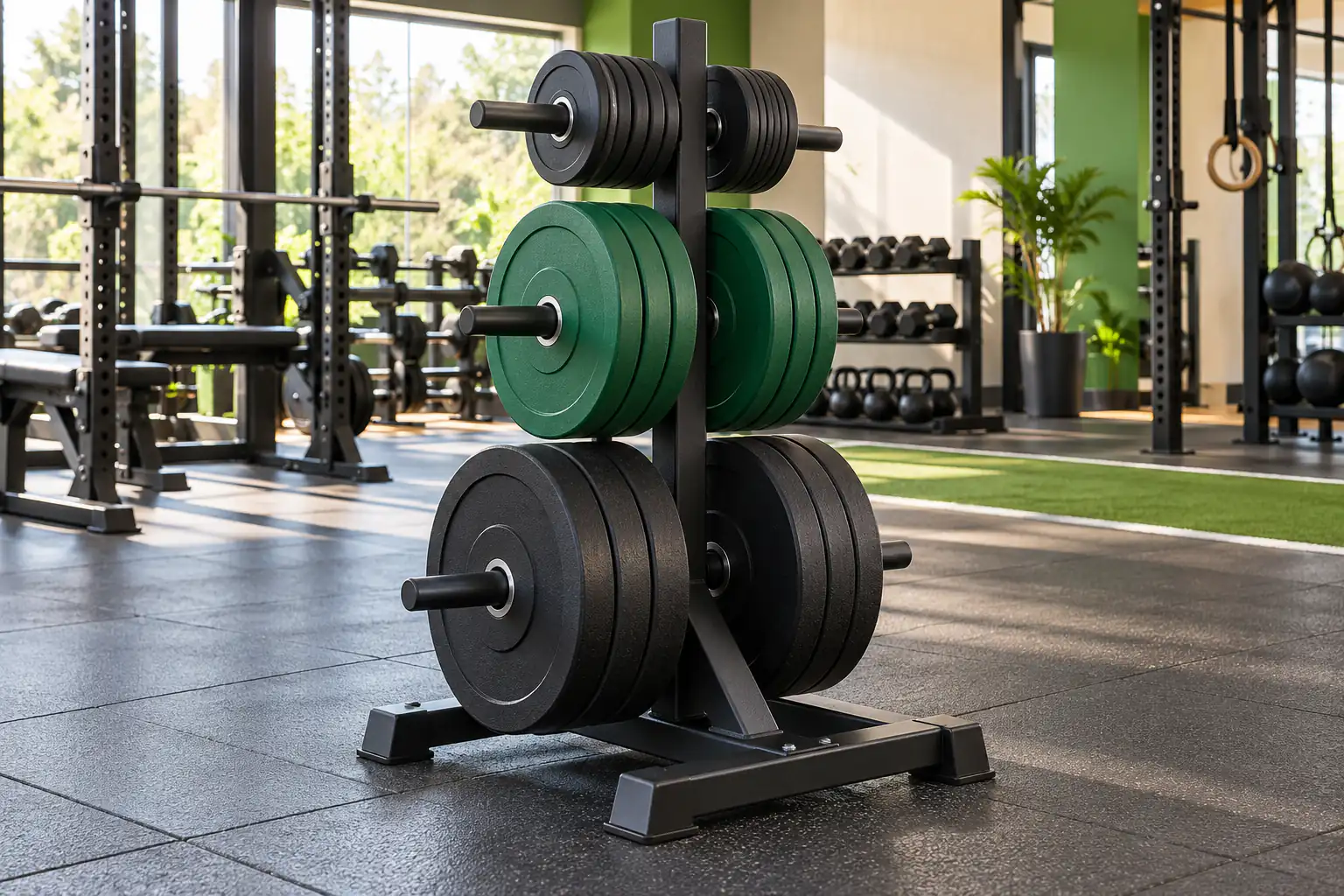 Suporte profissional sem marca com anilhas olímpicas agrupadas em hastes protegidas