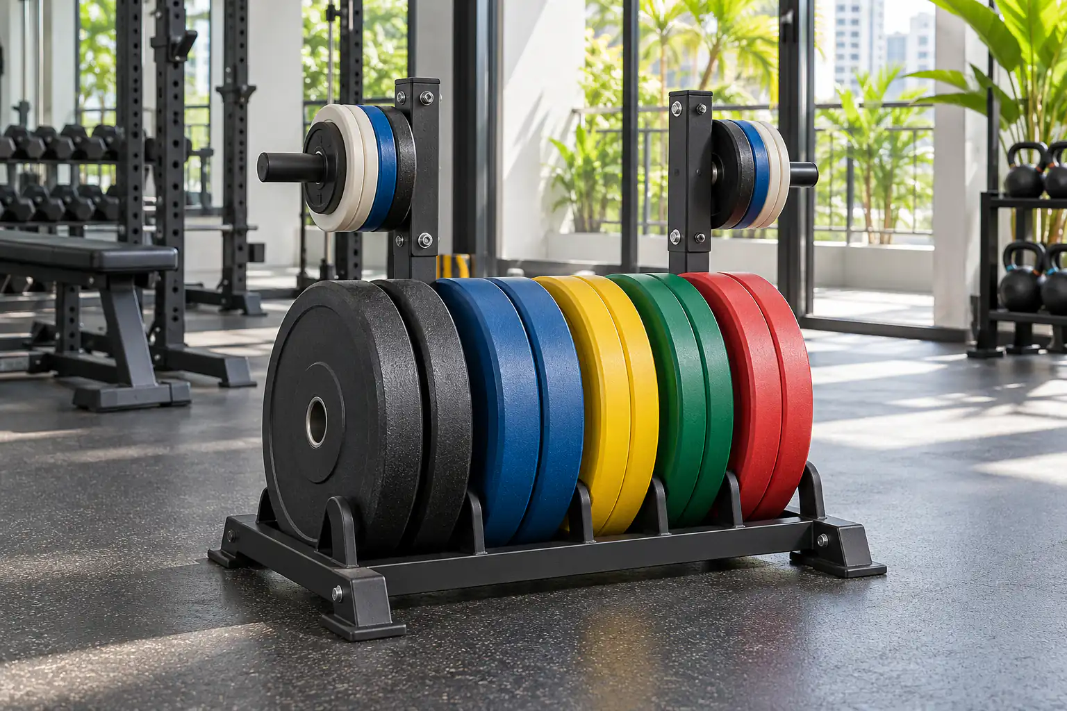 Giá thấp không thương hiệu chứa bumper plate và chốt riêng cho đĩa nhỏ trong phòng gym