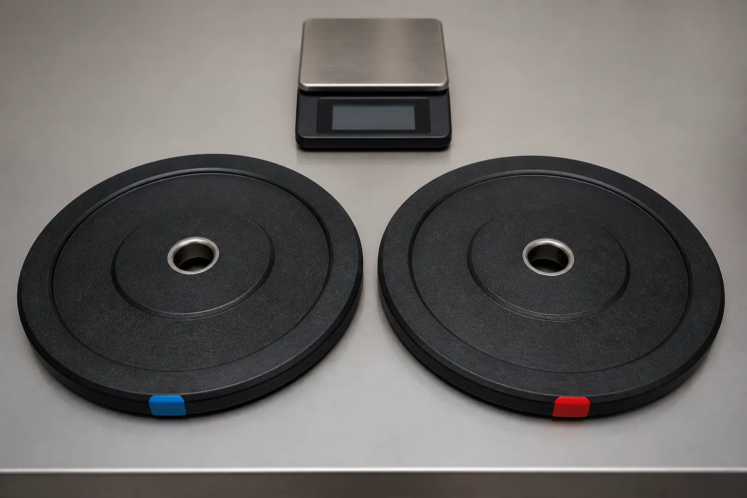 Two unbranded weight plates arranged for pair comparison