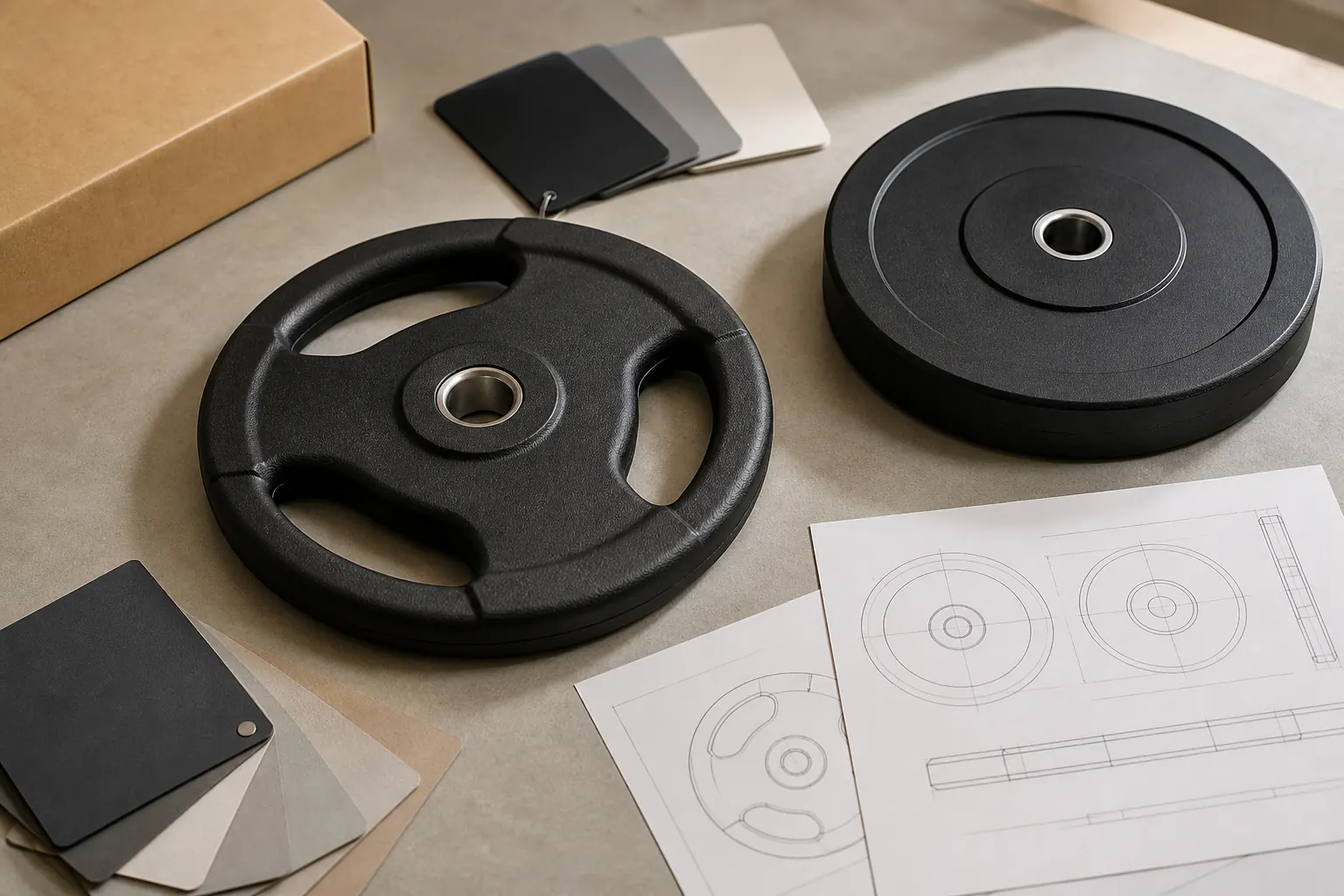 Unbranded grip and bumper plates with neutral specification materials