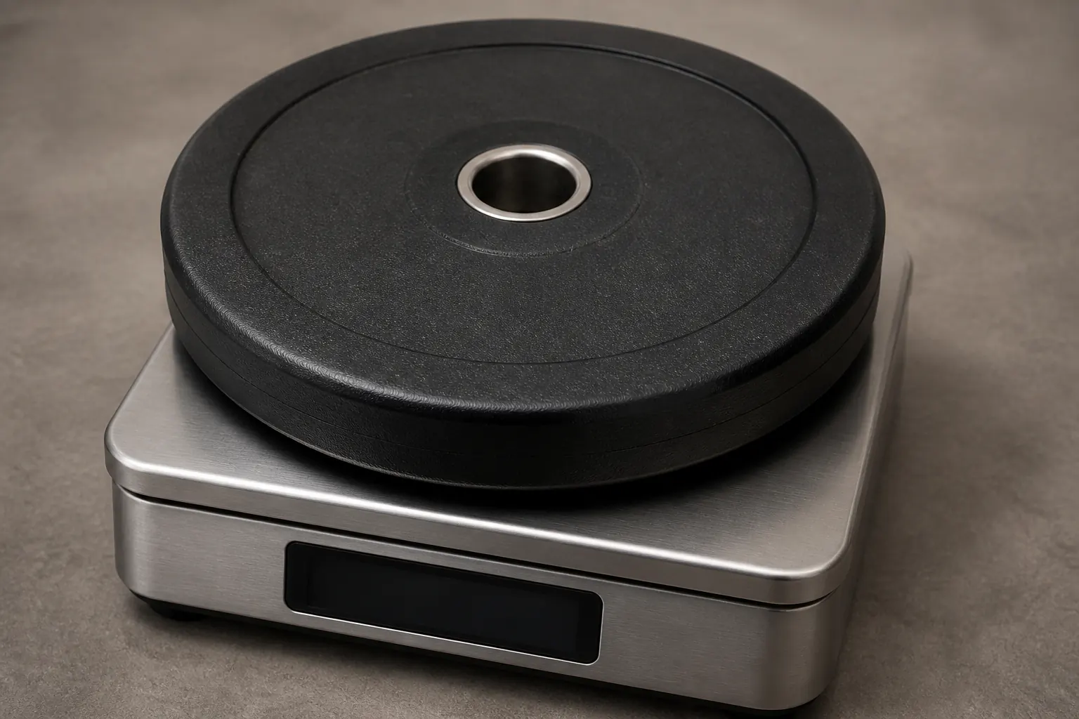 Unbranded black Olympic plate resting on a blank bench scale
