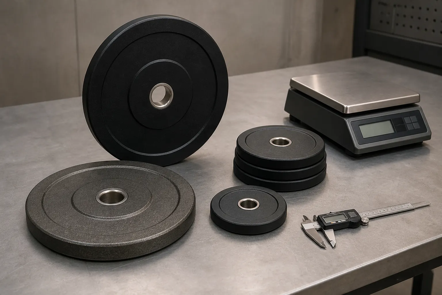 Unbranded Olympic plates beside a blank scale and caliper